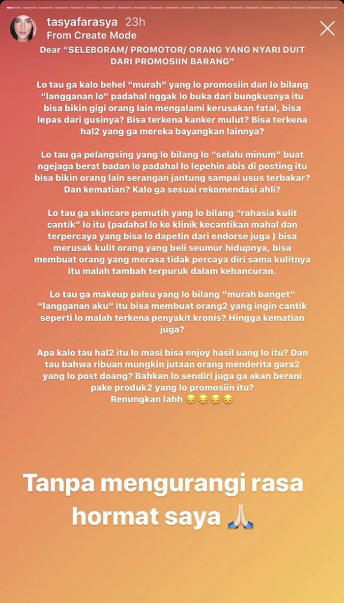 Unggahan Tasya peringatkan tentang bahaya Endorse