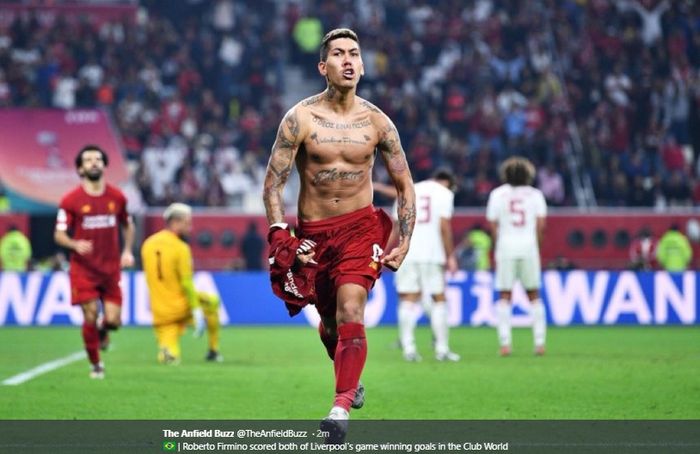 Selebrasi Roberto Firmino usai membobol gawang Flamengo pada menit ke-99 pada gelaran final Piala Dunia Klub di Khalifa International Stadium, Sabtu (21/12/2019).