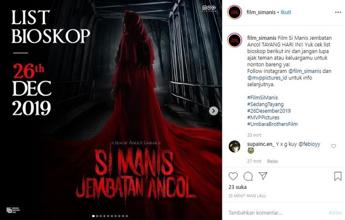 Film Si Manis Jembatan Ancol tayang serentak 26 Desember 2019 di seluruh bioskop Indonesia.