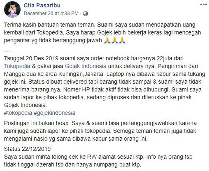 Unggahan customer ojol yang orderannya dibawa kabur.