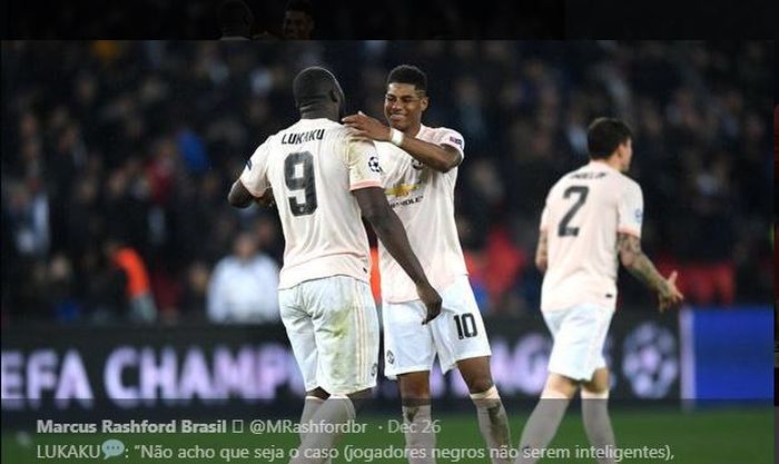 Romelu Lukaku saat masih di Manchester United bersama Marcus Rashford.