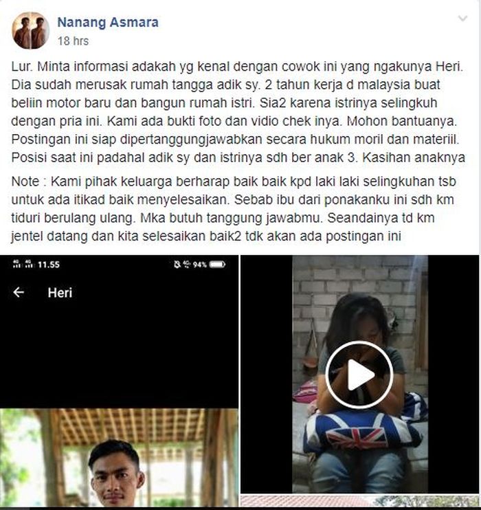 Seorang suami yang mengetahui istrinya selingkuh saat ia bekerja di Malaysia.
