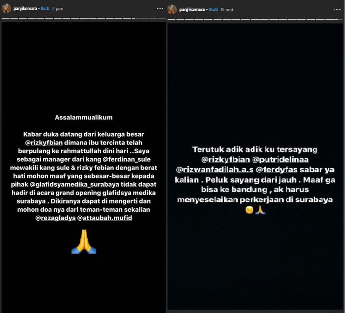 Instagram story Panji Komara yang mengabarkan meninggalnya Lina