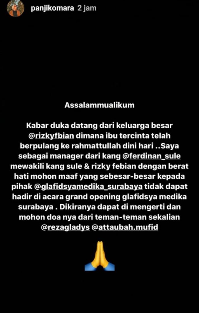 Insta story manajer Sule yang menyampaikan duka cita atas meninggalnya ibunda Rizky Febian, Lina