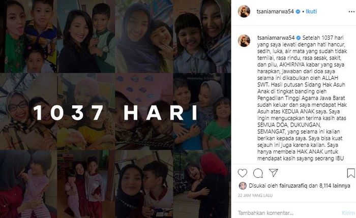 Tsania Marwa mengungkapkan bahwa dirinya sudah mendapatkan Hak Asuh untuk kedua anaknya.