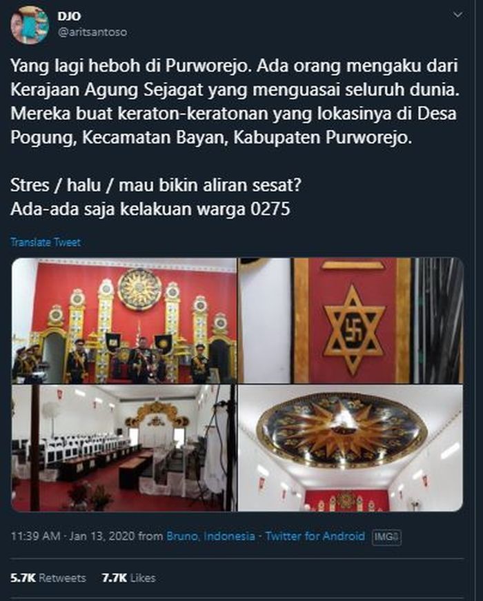 Cuitan viral  terkait Keraton Agung Sejagat yang berada di Purworejo, Jawa Tengah