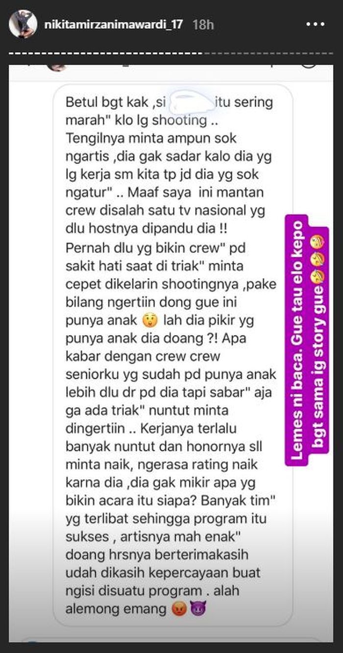Tangkapan layar unggahan instagram story Nikita Mirzani yang diduga memojokan Andhika Pratama. Nikita Mirzani memperlihatkan curhatan seorang yang mengaku mantan kru TV. 