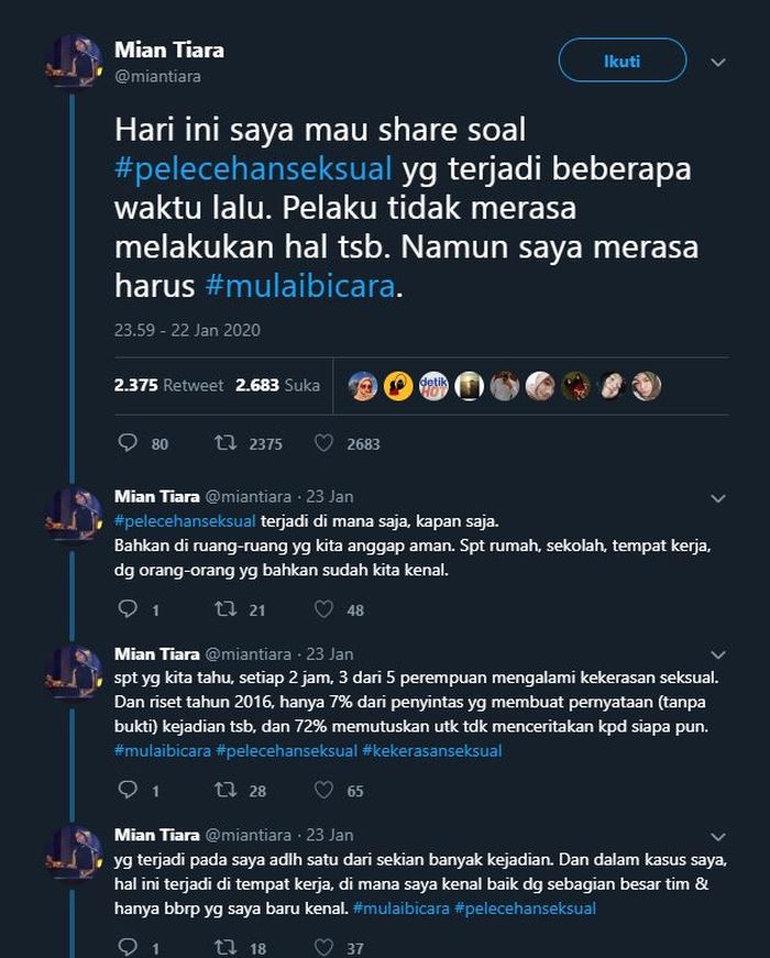 Cuitan Mian Tiara ceritakan dirinya sempat jadi korban pelecehan seksual aktor senior.