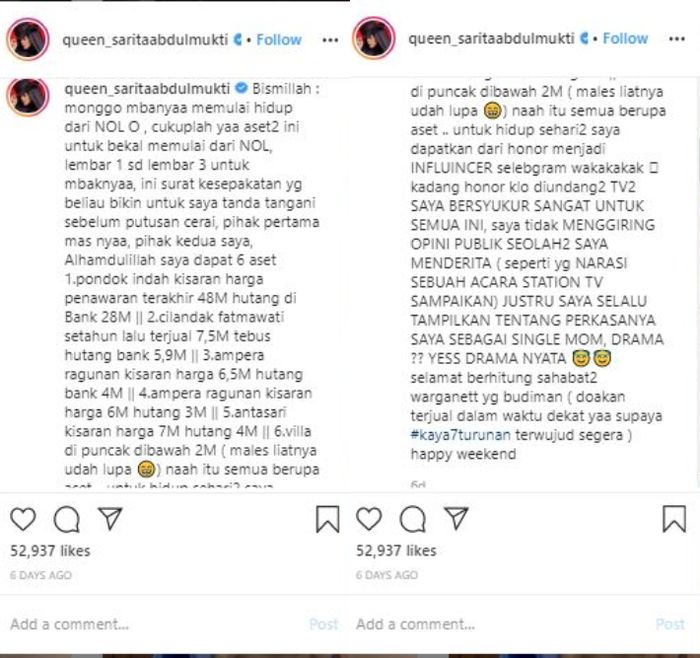 Caption Sarita Abdul Mukti terkait nilai hutang dari aset yang diberikan padanya.  