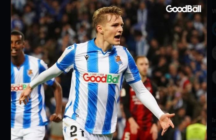 Martin Odegaard merayakan gol Real Sociedad ke gawang Mirandes dalam partai Copa del Rey di Anoeta, 13 Februari 2020.