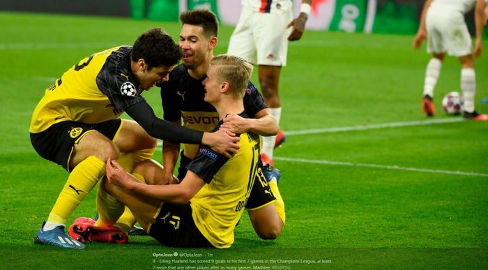 Erling Haaland mencetak gol Borussia Dortmund ke gawang PSG dalam partai Liga Champions di Signal Iduna Park, 18 Februari 2020.