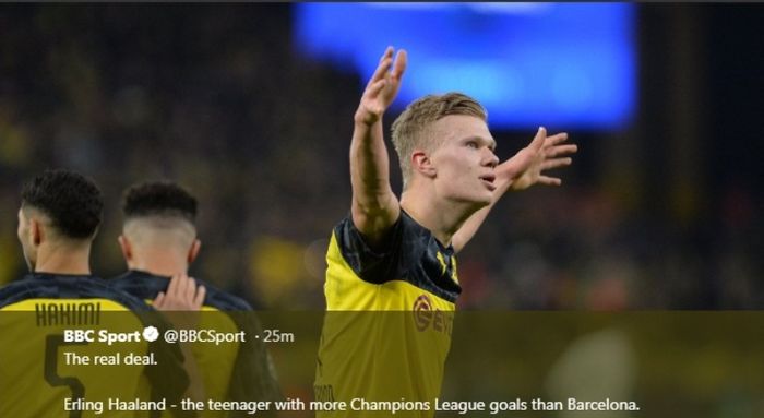 Striker Borussia Dortmund, Erling Haaland, melakukan selebrasi seusai menjebol gawang PSG dalam partai Liga Champions, Selasa (18/2/2020).