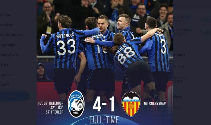 Atalanta mengalahkan Valencia 4-1 pada leg I babak 16 besar Liga Champions, Rabu (19/2/2020) di Giuseppe Meazza.