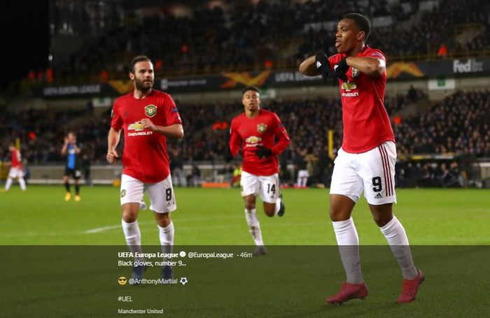 Selebrasi Anthony Martial di laga Club Brugge pada pertandingan leg pertama babak 32 besar Liga Europa, di Stadion Jan Breydel, Brugge, Kamis (20/2/2020) atau Jumat dini hari WIB. 