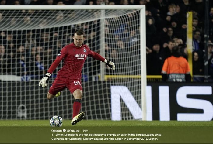 Simon Mignolet di laga Club Brugge vs Manchester United  pada pertandingan leg pertama babak 16 besar Liga Europa, di Stadion Jan Breydel, Brugge, Kamis (20/2/2020).