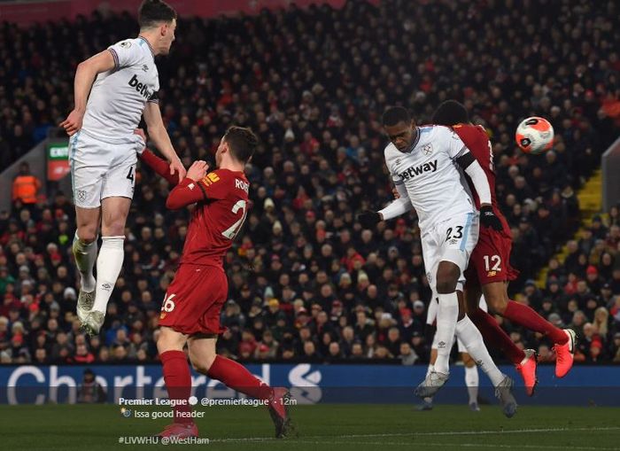 Issa Diop di laga Liverpool Vs West Ham di Anfield pada pekan ke-27 Liga Inggris, Senin (24/2/2020) atau Selasa dini hari WIB.