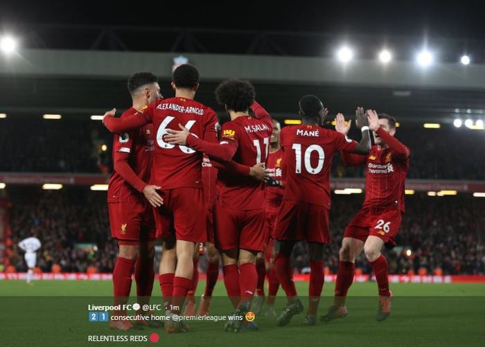 Selebrasi pemain Liverpool usai kalahkan West Ham 3-2 di Anfield pada pekan ke-27 Liga Inggris, Senin (24/2/2020) atau Selasa dini hari WIB. 