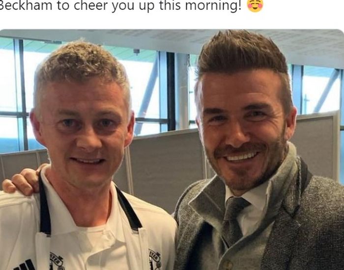 David Beckham berfoto bersama pelatih Manchester United, Ole Gunnar Solskjaer.