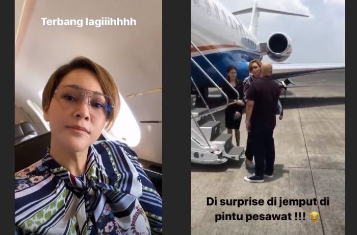Maia Estianty saat berada di dalam pesawat.