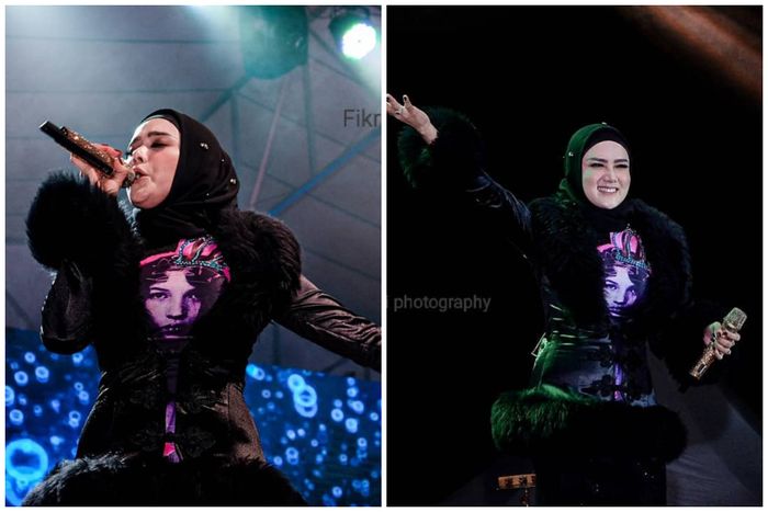 Tampilan Mulan Jameela pakai busana ketat dan hijab lilit saat bernyanyi