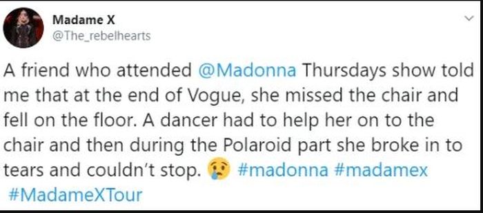 Cuitan netizen mengenai insiden terjatuhnya Madonna di atas panggung.