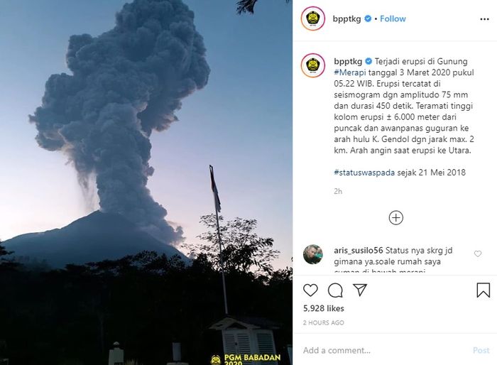 BPPTKG umumkan status Merapi yang kembali alami erupsi.