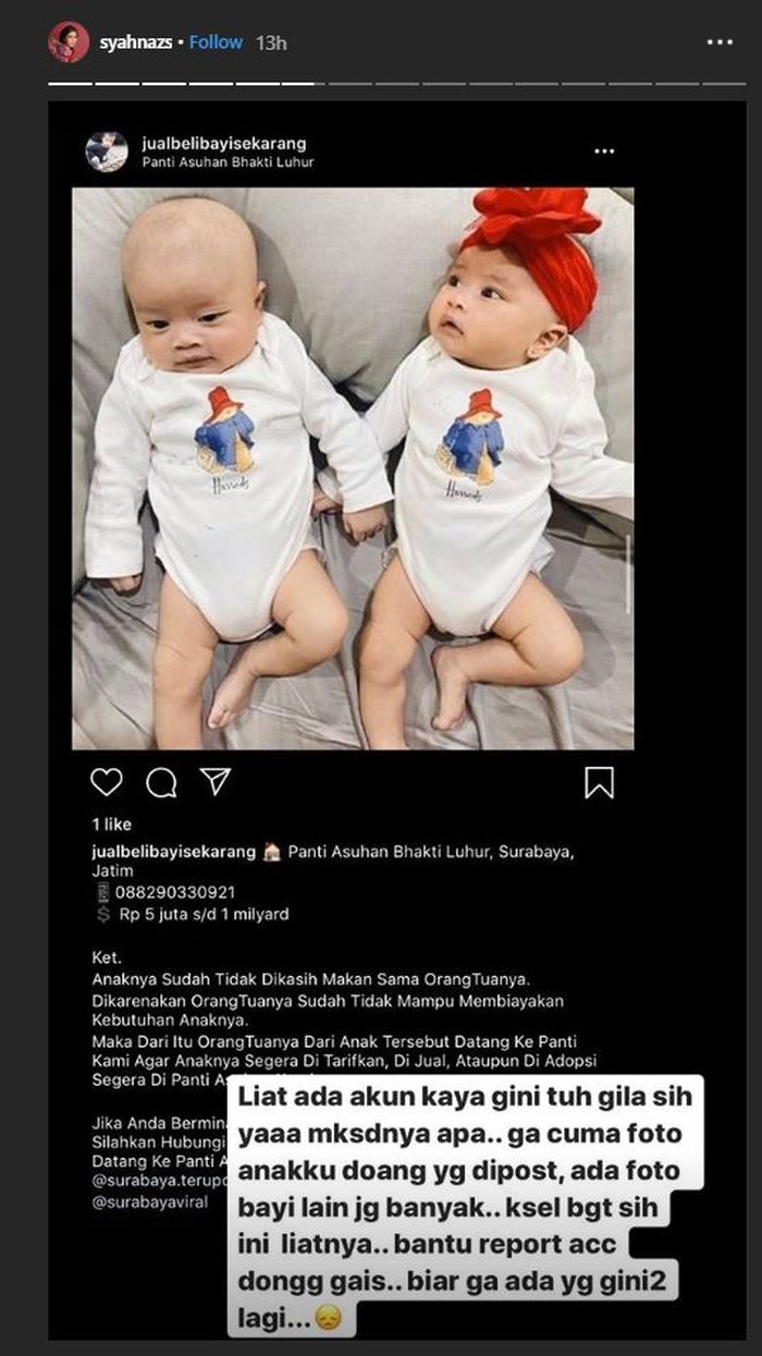 Syahnaz kesal foto bayi kembarnya terpampang di akun jual beli bayi. 
