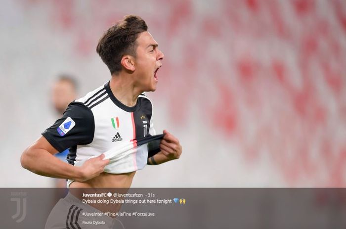 Selebrasi Paulo Dybala usai menjebol gawang Inter Milan di Allianz Stadium, Minggu (8/3/2020).