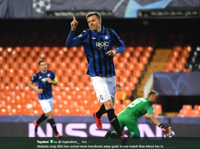 Josip Ilicic melakukan selebrasi usai mencetak hat-trick ke gawang Valencia pada leg kedua 16 besar  Liga Champions di Stadion Mestalla, Selasa (10/3/2020).