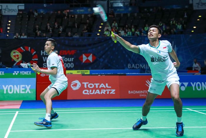 Pasangan ganda putra Indonesia, Fajar Alfian/Muhammad Rian Ardianto, pada babak pertama All England Open 2020 di Arena Birmingham, Inggris, Rabu (11/3/2020).