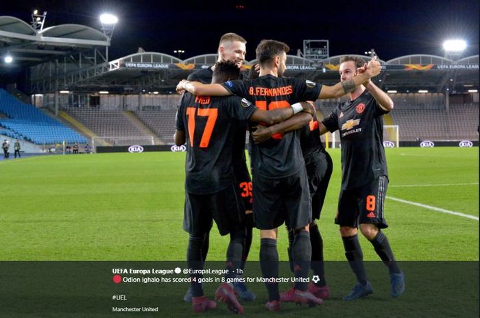 Striker Manchester United, Odion Ighalo, merayakan gol yang dicetak ke gawang LASK Linz dalam laga leg pertama babak 16 besar Liga Europa di Stadion Linzer, Kamis (12/3/2020).