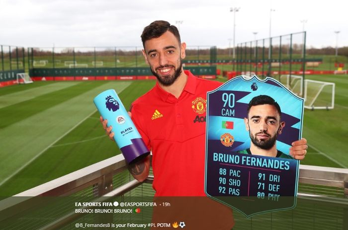 Bruno Fernandes memperoleh penghargaan Pemain Terbaik Liga Inggris Februari 2020, Minggu (15/3/2020) waktu setempat.