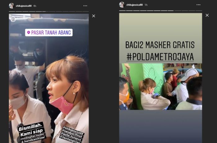 Chika Jessica bagikan masker gartis di pasar Tanah Abang bersama pihak Polda Metro Jaya.