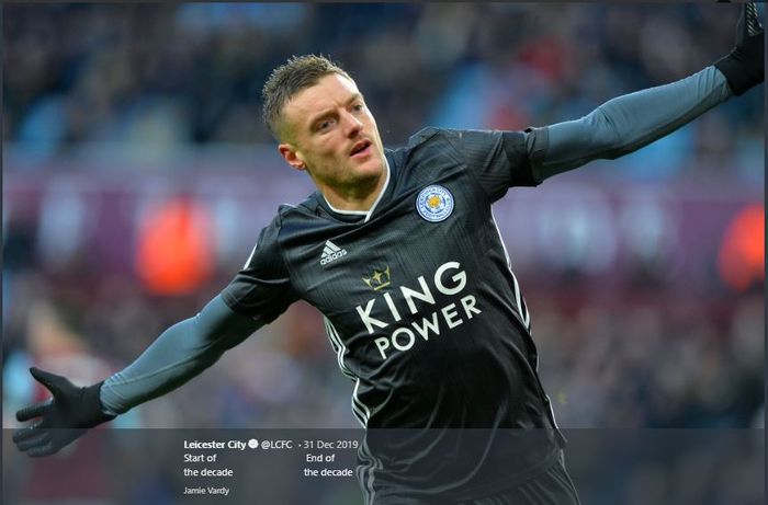 Jamie Vardy saat sedang merayakan golnya ke gawang tim lawan.