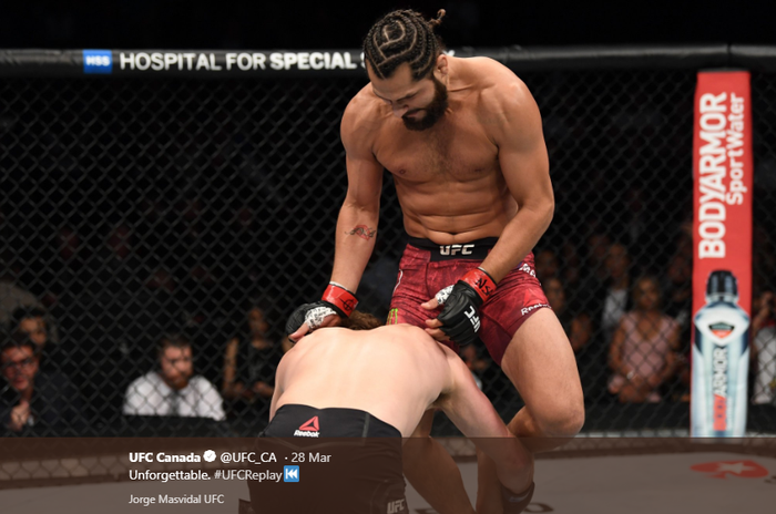 Aksi Jorge Masvidal saat membungkam Ben Askren dalam ajang UFC 239 pada di T-Mobile Arena, Las Vegas, Nevada, AS, Minggu (7/7/2019).