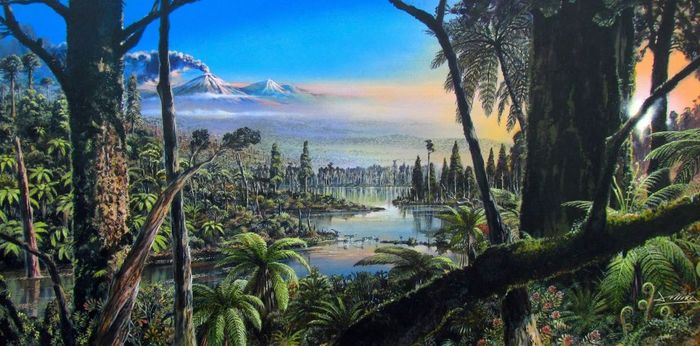 Ilustrasi hutan hujan yang tumbuh subur di Antartika Barat sekitar 90 juta tahun lalu, ketika dinosaurus masih hidup di Bumi.
