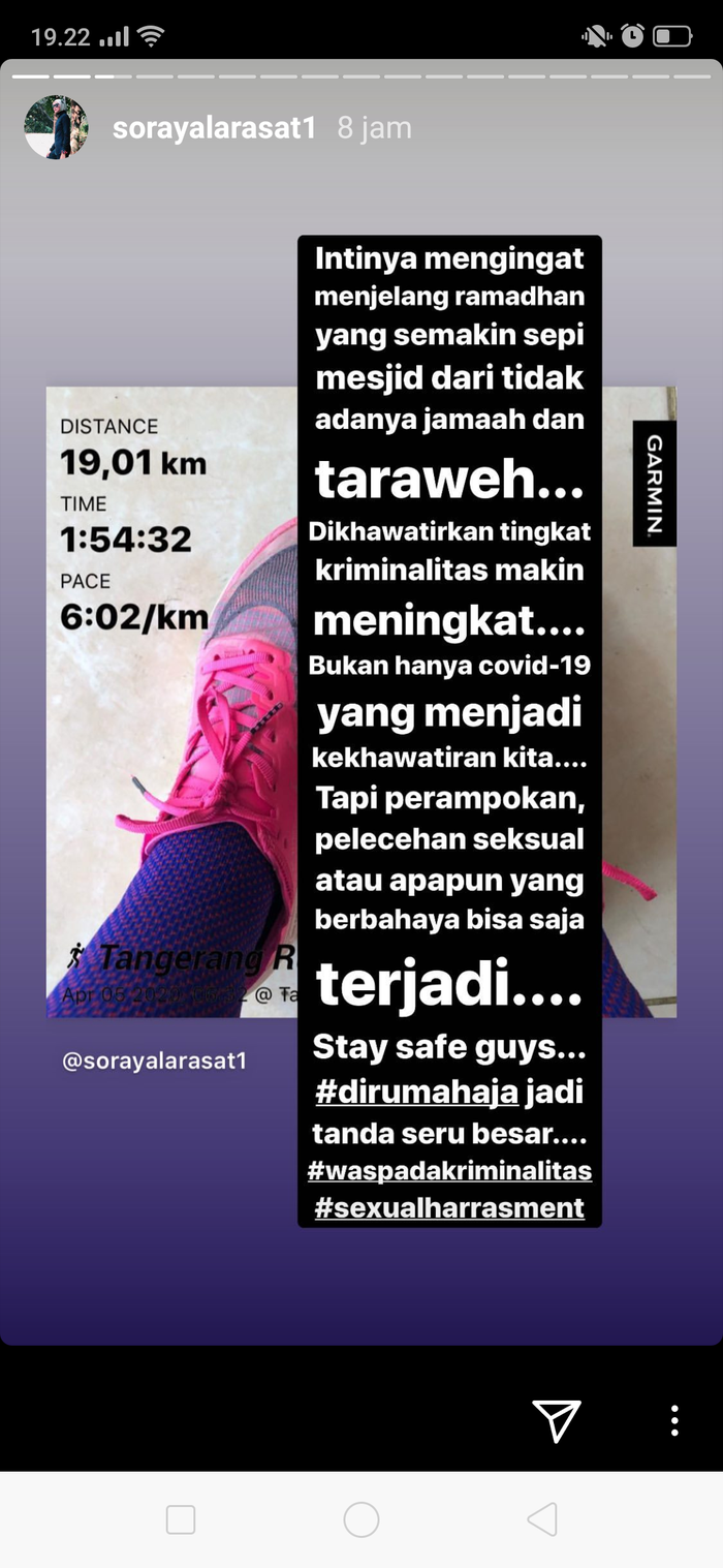 Soraya Larasati peringatkan bahaya adanya pelecehan seksual di jalan.