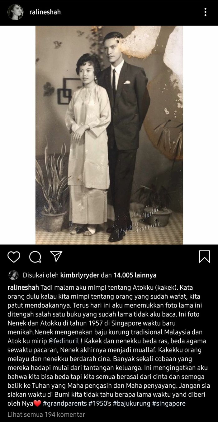 Raline Shah unggah potret kakek dan neneknya.