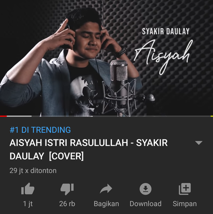 Syakir Daulay berhasil menjadi trending 1 di YouTube dengan mengcover lagu Aisyah Istri Rasulullah.