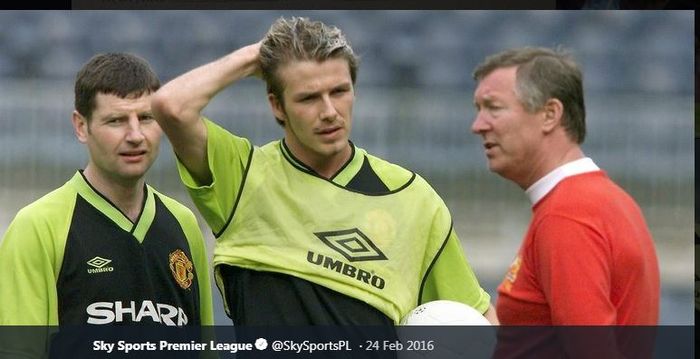 David Beckham dan Sir Alex Ferguson dalam sebuah sesi latihan tim Manchester United.