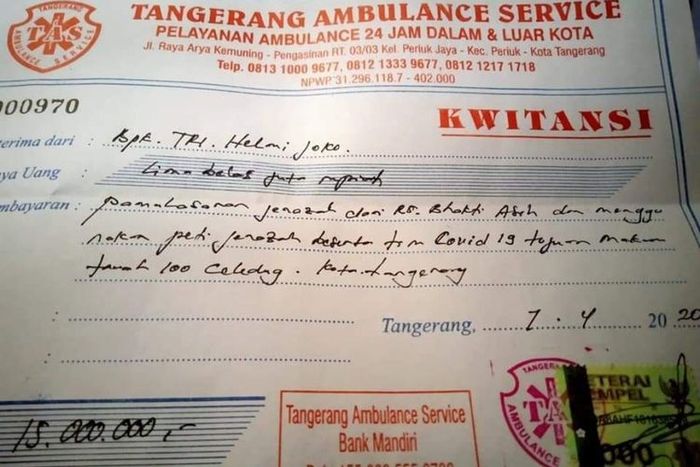  Kwitansi pengurusan jenazah Covid-19 sebesar Rp 15 juta di Kota Tangerang. 