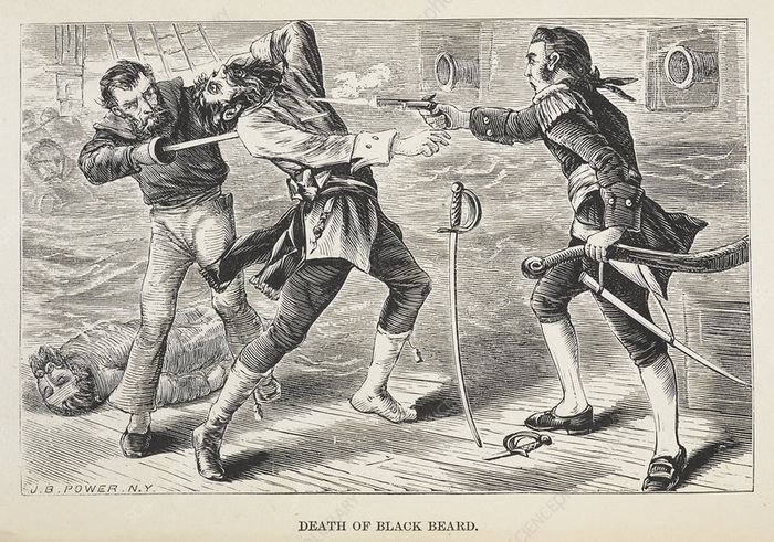 Ilustrasi kematian Blackbeard yang ditembak oleh Letnan Robert Maynard.