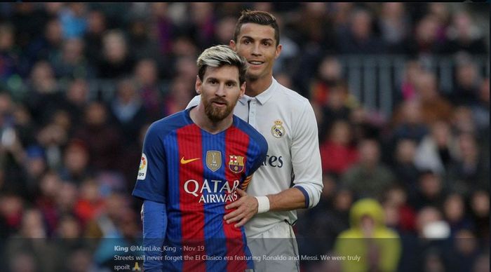 Cristiano Ronaldo dan Lionel Messi, satu frame dalam pertandingan Real Madrid kontra Barcelona.