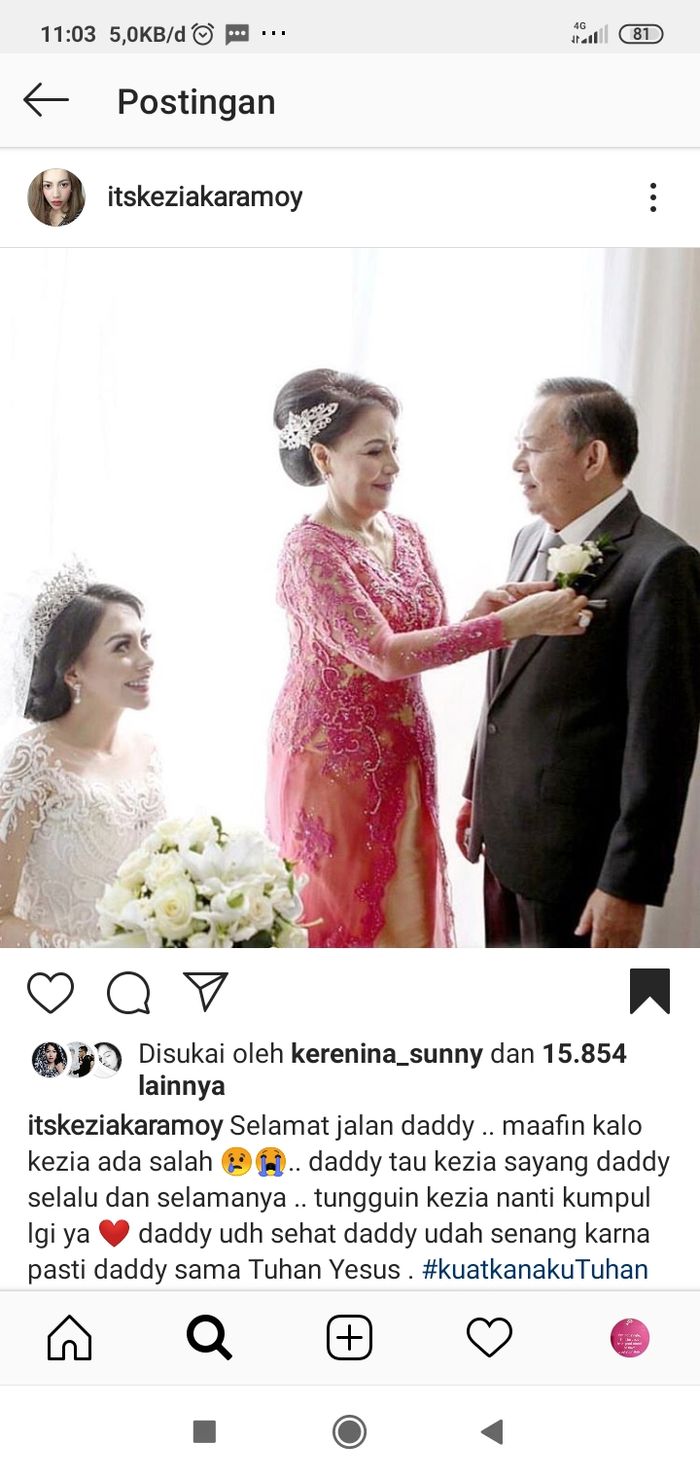 Kabar duka tersebut dibagikan oleh Kezia Karamoy melalui unggahan di Instagram pribadinya @itskeziakaramoy, Minggu (18/4/2020).