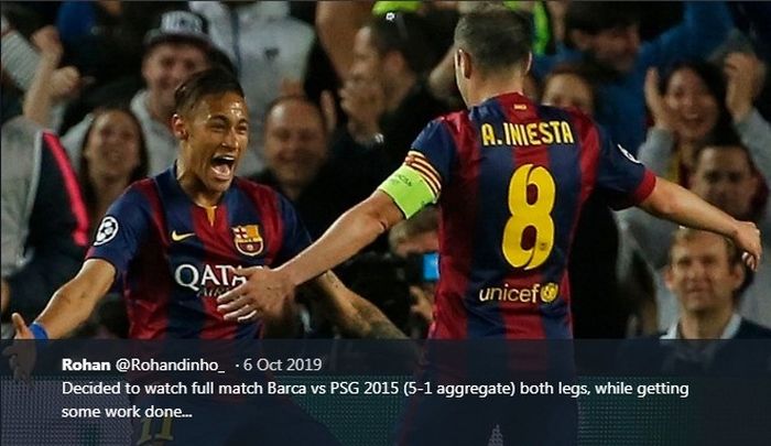 Neymar berselebrasi seusai menjebol gawang PSG dalam laga di Camp Nou, 21 April 2015.