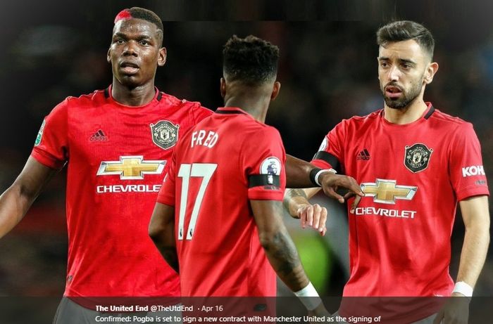 Tiga gelandang tengah milik Manchester United, Paul Pogba, Bruno Fernandes, dan Fred.