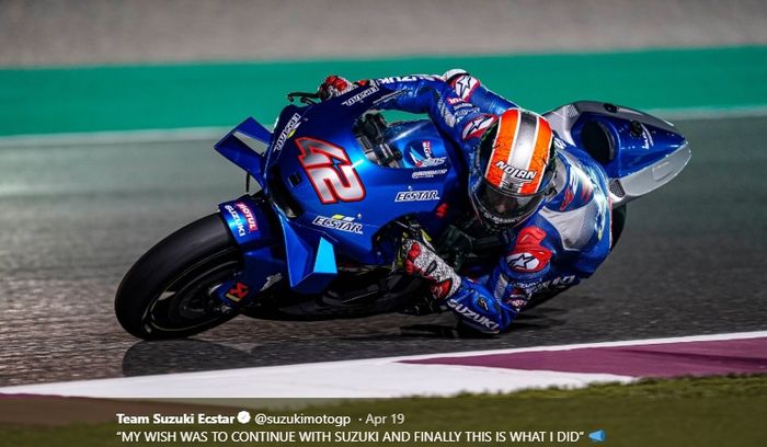 Aksi pembalap Suzuki Ecstar, Alex Rins, dalam tes pramusim MotoGP 2020 di Sirkuit Losail, Qatar, Februari 2020.