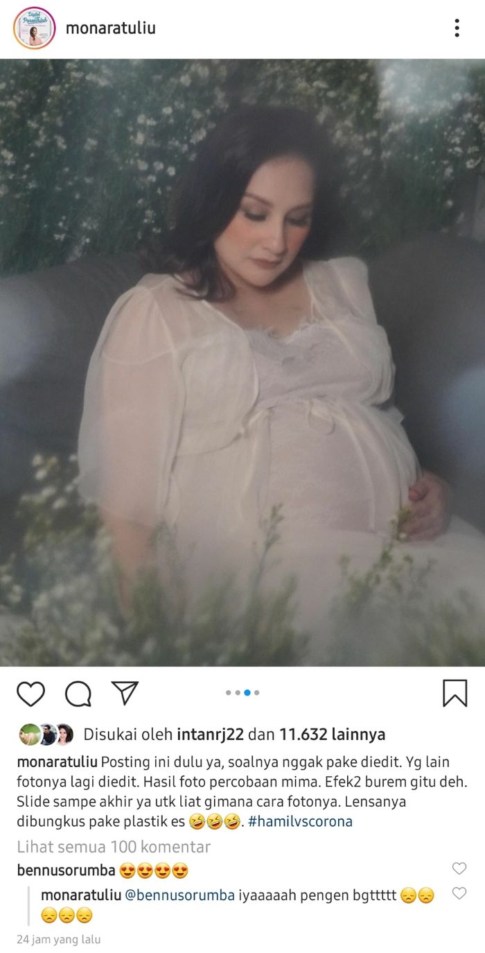 Lantaran terbentur physical distancing Mona Ratuliu tidak bisa melakukan pemotretan kehamilan di luar rumah.