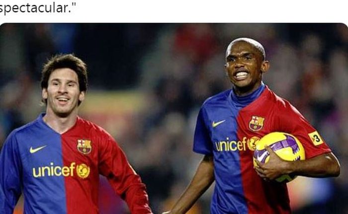 Penyerang Barcelona, Lionel Messi dan Samuel Eto'o.