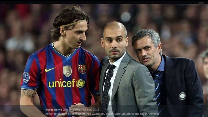 Zlatan Ibrahimovic (kiri), Pep Guardiola, dan Jose Mourinho dalam sebuah momen laga Barcelona vs Inter Milan di Liga Champions 2009-2010.